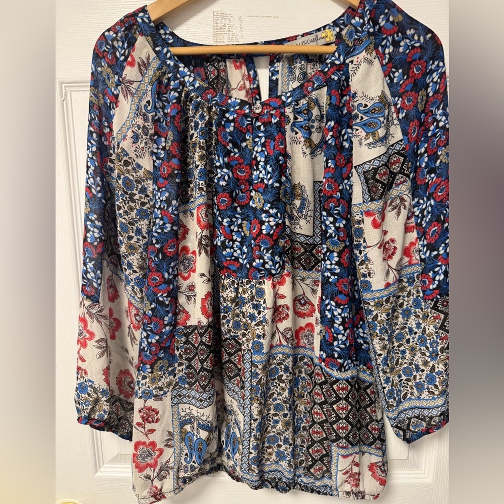 Fig and Flower women's sheer patchwork floral print blouse, size L Boho